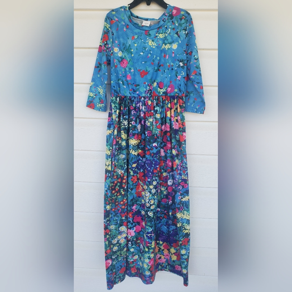 Floral Blue Maxi Dress 3/4 Sleeve